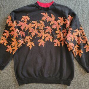 Black Vintage Sweatshirt w/ Autumn Leaves Cotton Sz L